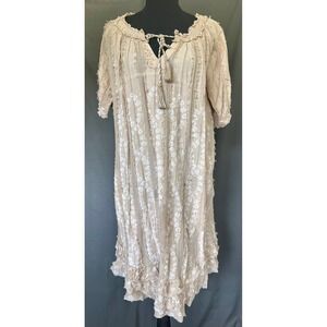 Lula Soul Tan White Fringe Boho Tassel Tie Midi Dress Pockets Small